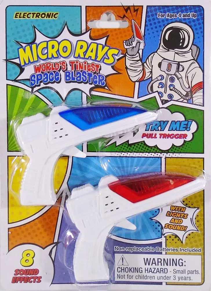 Micro RAYS space blaster toy in packaging with colorful design and astronaut illustration.