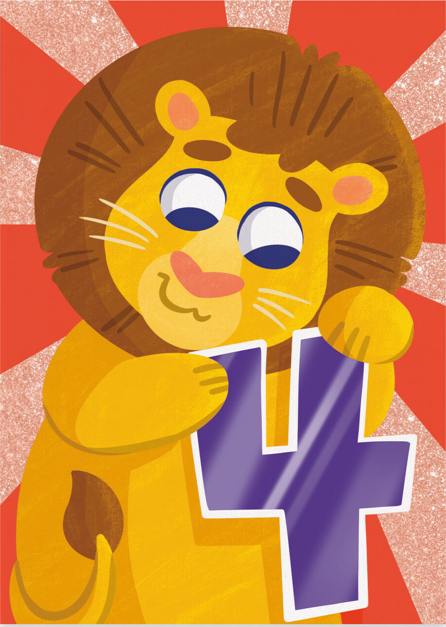 Birthday Card - 4 year Hip Hip Hooray Lion