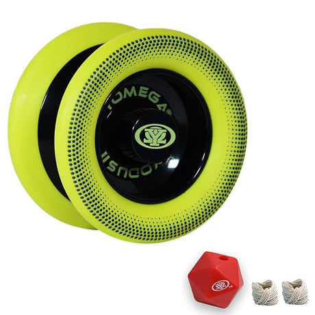 Yellow yo-yo with black center and Omega branding, accompanied by a red hexagonal container and white strings on a white background.