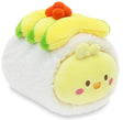 Plush toy resembling a piece of sushi with a chick face on a white background