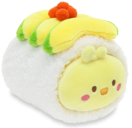 Plush toy resembling a piece of sushi with a chick face on a white background