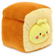 Plush toy shaped like a slice of bread with a cute chick bird face on a white background
