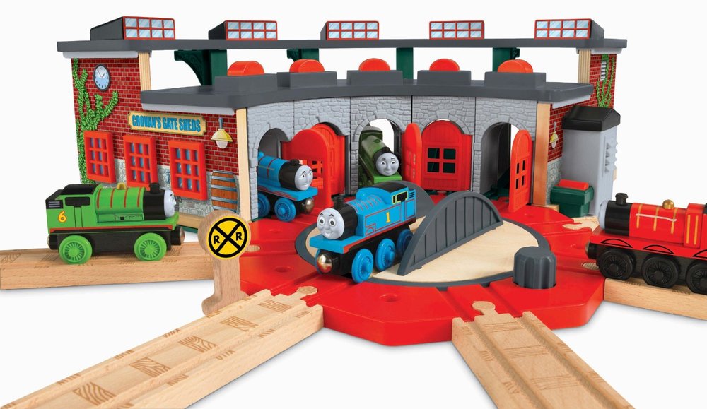 wooden train roundhouse and turntable set